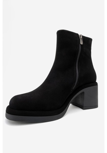 Junae Siyah Süet Hakiki Deri Kadın Kalın Topuklu Bot Siyah