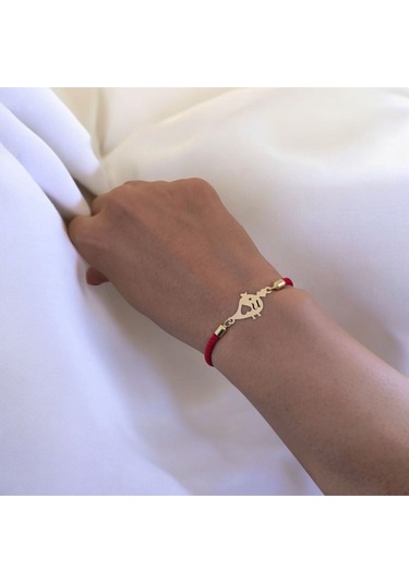 Archin U Harfine Özel Minik Kuş Motifli Kırmızı Örgülü 14 Ayar Altın Plakalı Hediye Bileklik-363harf U