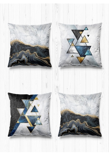 Çift Tarafı Farklı Desenli Süet 4'lü Kırlent Kılıfı-Üçgen Siyah Beyaz Mermer