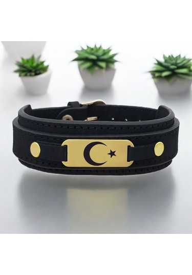 Archin Ay Yıldız Temalı 14 Ayar Altın Plakalı Doğal Siyah Derili Oval Motifli Hediye Bileklik-438sembol Türkiye Bayrağı