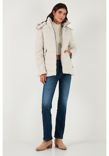 Lela Kapitoneli Slim Fit Çıkarılabilir Kapüşonlu Bayan Mont 497Mara Taş