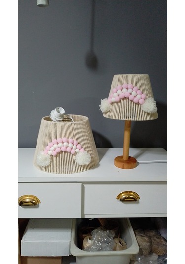 Makrome Avize Çocuk Odası Bebek Odası Abajur Avize Set Ahşap Ayak E27 Duy Ekru