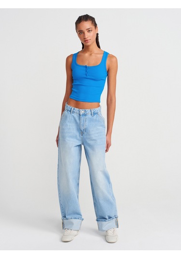 Dilvin 20983 Düğmeli Kare Yaka Top-saks Saks