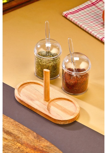 Kaşıklı Şeffaf Kapaklı Ahşap Standlı 2'li Kavanoz Baharat Seti ŞEffaf