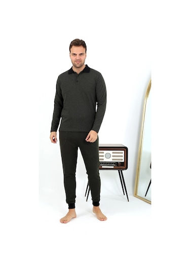 Akbeniz Erkek Polo Yaka Uzun Kol Penye Pijama Takımı 6862 Haki Haki