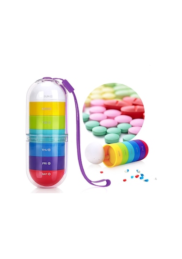 Sones Taşınabilir Silindirik Döner 7 Bölmeli Bağımsız Plastik Seyahat Hap Kutusu Gösterildiği Gibi