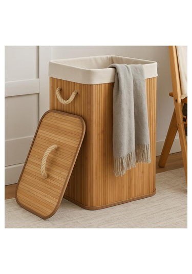 Dekorasyaa Bambu Katlanabilir Kirli Çamaşır Sepeti Dikdörtgen - 40x30x60cm Bambu