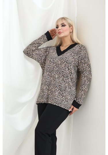 Bambu Viskon V Yaka Uzun Kollu Bluz Rahat Kalıp, Büyük Beden Xl 6xl Çıtır Leopar