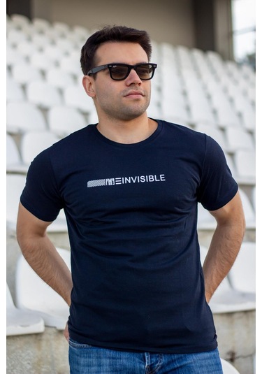 Erkek Lacivert Invisible Yazı Baskılı Basic Kısa Kollu Bisiklet Yaka Tişört 20etshyunz 001