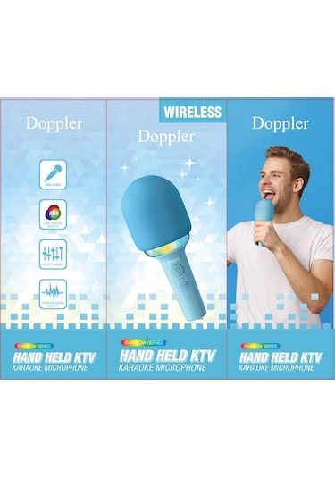 Doppler Rainbow Mavi Karaoke Mikrofonu Ledli Ses Değiştirme Özellikli Işıklı Yeni