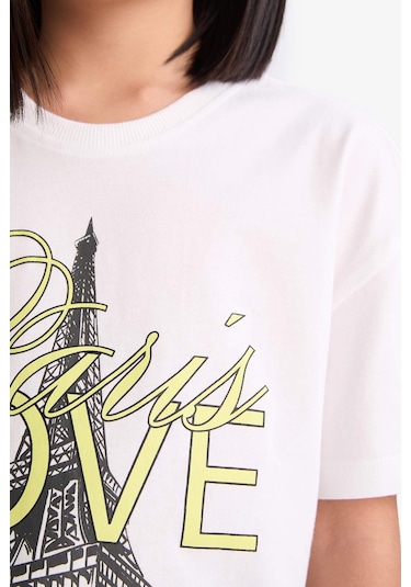 DeFacto Kız Çocuk Relax Fit Bisiklet Yaka Baskılı Kısa Kollu Tişört E0353A825SMWT34 Beyaz