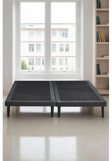 Niron Slim Karyola 180x200 Çift Kişilik Baza, Metal İskeletli Yüksek Ayaklı Koyu Gri Keten Kumaşlı