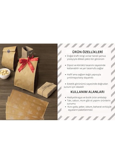 Körüklü Kraft Kese Kağıdı, Kar Tanesi Desenli Şamua Hediye, Ambal