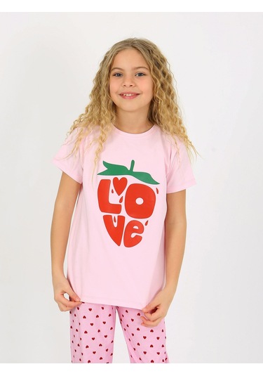 Kız Çocuk Kısa Kollu %100 Pamuklu Pijama Takımı Cute Love Toz Pembe