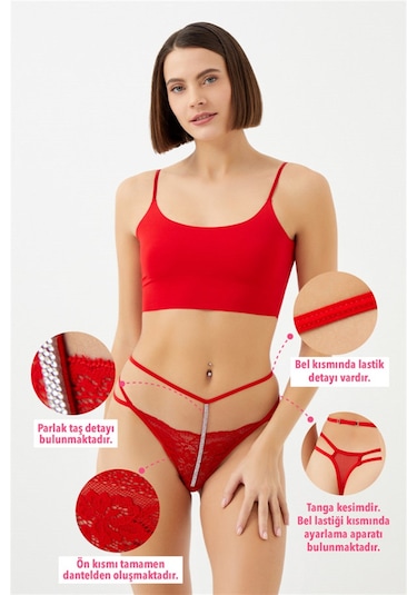 Kırmızı Dantelli Taş Detaylı Ayarlanabilir Lastikli Kadın Tanga Külot