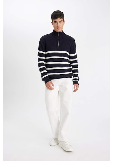DeFacto Standart Fit Dik Yaka Yarım Fermuarlı Çizgili Triko Kazak D3274AX24WNNV64
