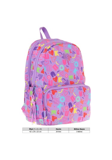 Kaukko Kız Çocuk Kalp Ve Kaukko Baskılı Mor Okul Çantası - Üç Bölmeli - K1784 Mor