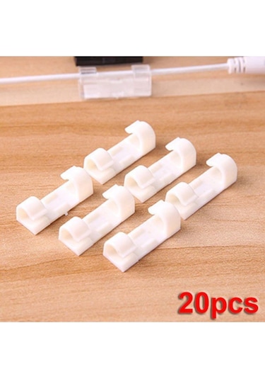Beyaz Yapışkanlı Mini Kablo Tutucu Klips 20li
