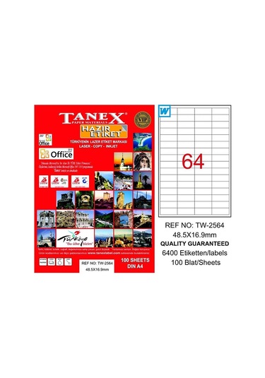 Tanex 2564 Laser Etiket 48x16mm 64x100 6400 Adet Diğer
