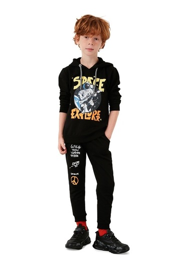 Lela Baskılı Kapüşonlu Cepli % 100 Pamuk Çocuk Unisex Çocuk Takım 5922017 Siyah