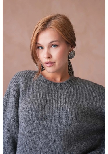 Kadın Bisiklet Yaka Yumuşak Dokulu Oversize Triko Kazak 3032 Antrasit