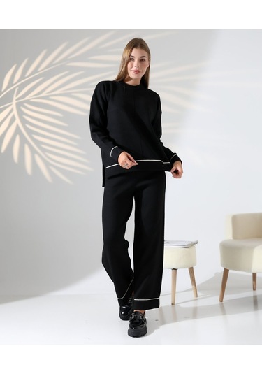 Kontrast Dikişli Kadın Triko Takım Siyah