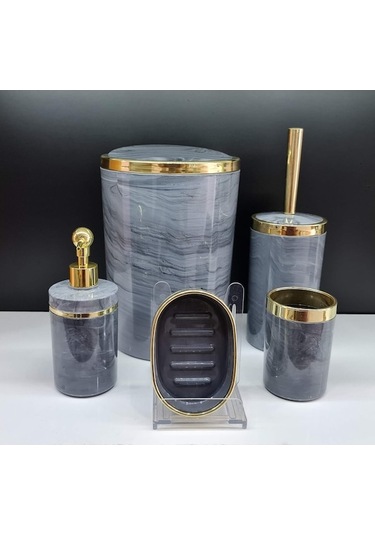 Novahub Akrilik Yuvarlak Banyo Seti Antrasit Gri Mermer Gold Kromaj 5'li Gri Gri