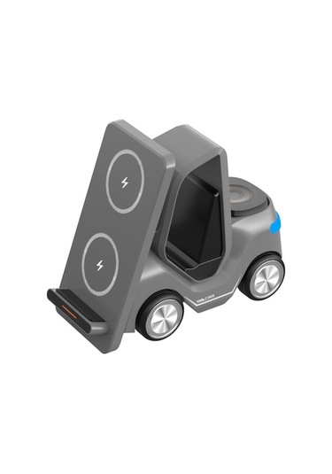 Rogfer T20s 3'ü 1 Arada 15w Led Atmosfer Işıklı Küçük Forklift Şekilli Masaüstü Kablosuz Şarj Cihazı Gri
