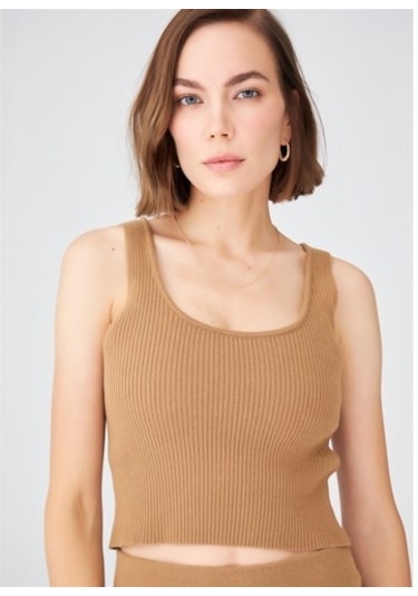 Peraluna Krop Fit Kadın Triko Atlet Camel Camel