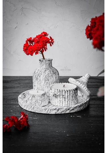 5 Parça Mermer Desen Dekoratif Beton Vazo Ve Vanilya Kokulu Soya 001