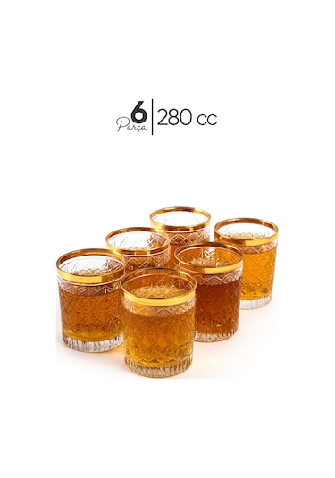 Mest 6'lı Kristal Altın Yaldız Viski Bardağı Seti 280 Cc Gold