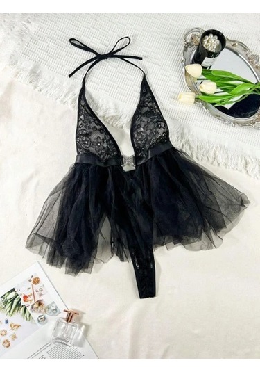 New Dreams Göz Alıcı Modern Dantelli Tüllü Siyah Jartiyer Gecelik Siyah