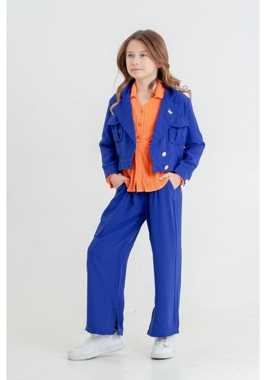 Kız Çocuk Crop Ceketli Üçlü Takım 4407 Saks