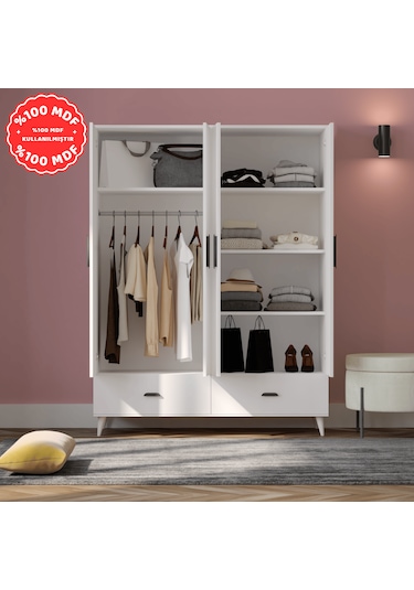 İnci 4 Kapaklı 2 Çekmeceli Gardırop Beyaz %100 Mdf