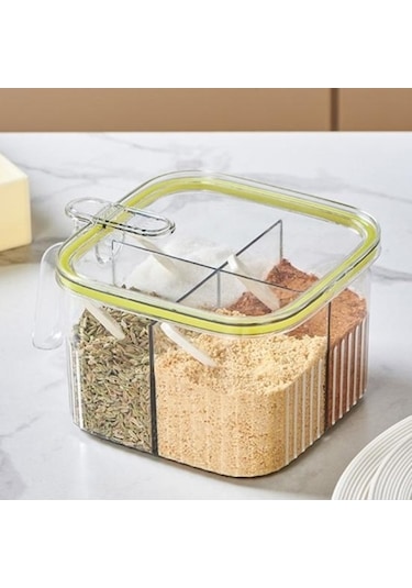 Pazly Yeşil 4 Bölmeli Baharat Çeşniler Kutusu, Fonksiyonel Saklama, Şeffaf Kapak, Kaşık Kabı İle Yeşil