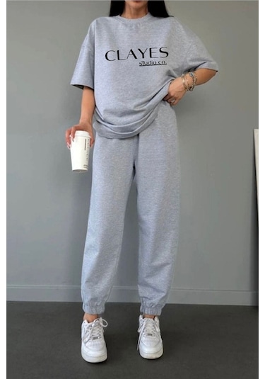 Studio Co Baskılı Gri T-shirt Eşofman Altı Takım - Oversize Bisiklet Yaka Grimelanj