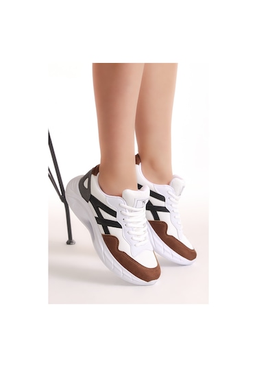 Tonny Black Kadın Beyaz Kahve Faylon Taban Şeritli Bağcıklı Spor Ayakkabı Beyaz - Kahverengi