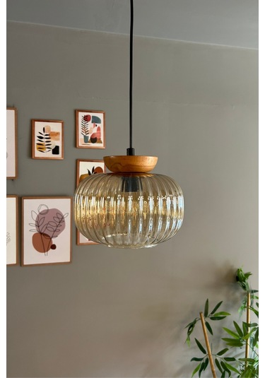 Mola Cam Bal Rengi Tekli Avize Tabak Ahşap Başlık Retro Sarkıt Lamba Restoran Salon Aydınlatma Bal