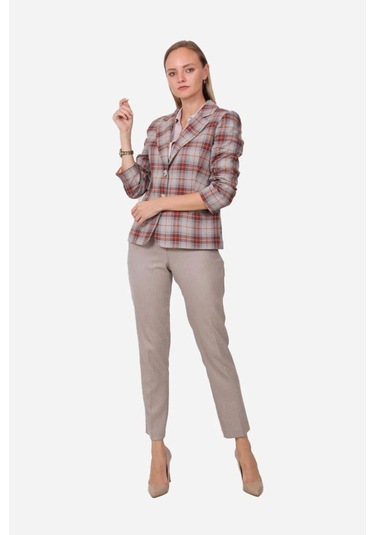 Kadın Ekose Desenli Blazer Ceket Frn6107 Kahverengi