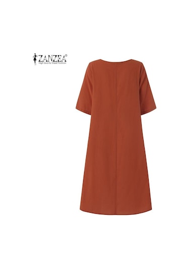 Zanzea Pamuk Keten Elbise Kadın Yaz Rahat O-boyun Yarım Kollu Elbise Haki