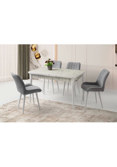Ahşap Salon Yemek Masa Sandalye Takımı 4 Sandalyeli Ortadan Açılır Büyüyen 80x130 Cmmermer Desen