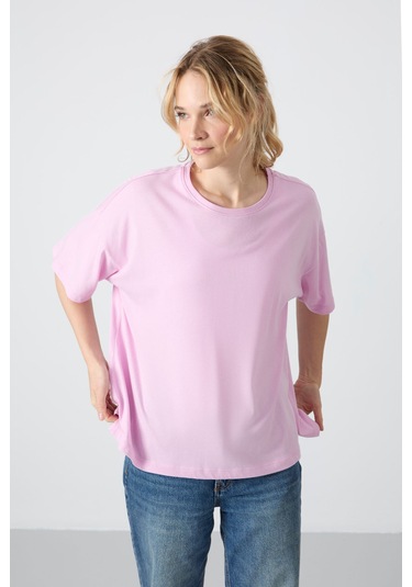 Tommy Life Pembe Penye Modal Yumuşak Tuşeli Oversize Fit Basic Kadın T-shirt- 97285 Pembe