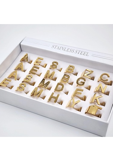 Çelik Gold Düz Kesim Harf Yüzük -k Harfi- Ayarlı Ölçü-1896