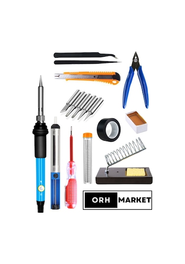 60W Isı Ayarlı Lehim Seti – Havya, Stand, Uç, Lehim Pompası, Cımbız, Bant ve Pasta Dahil