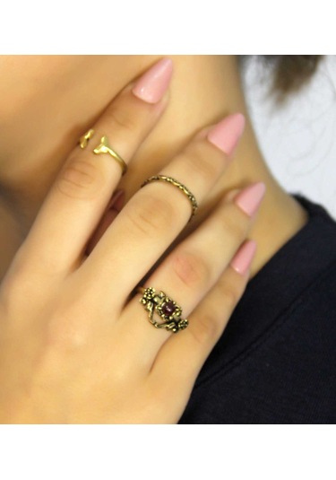 Doğal Taşlı 3'lü Garnet Lal Doğal Taşlı Antik Modelli Kadın Ayarlanabilir Yüzük Seti Euy86 Kırmızı