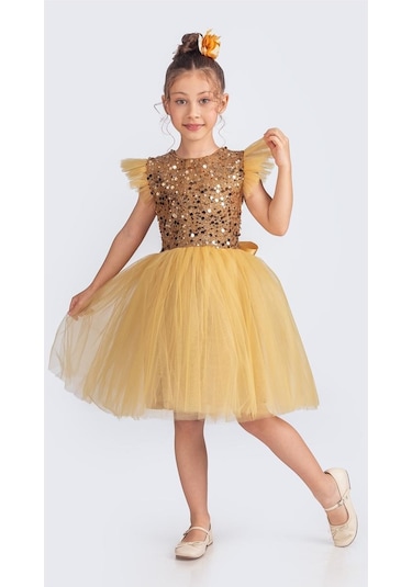 Tüllü Kız Çocuk Kpl Elbise Mnk0526 Sarı