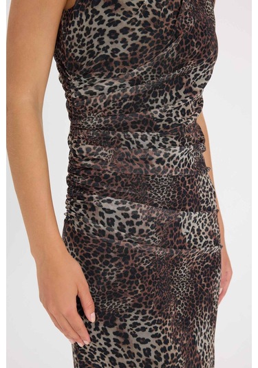 DeFacto Bodycon Vücuda Oturan Bisiklet Yaka Leopar Desenli Tül Kolsuz Maxi Elbise -  D5061AX24AUBN192