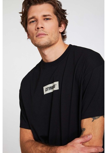 GRIMELANGE Inventıon Erkek %100 Organik Pamuklu Kalın Dokulu Baskı Detaylı Oversize Siyah T-shirt Siyah