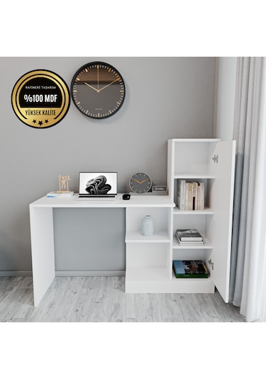Maysa Çalışma Masası Dolaplı Raflı Kapaklı Mdf Beyaz