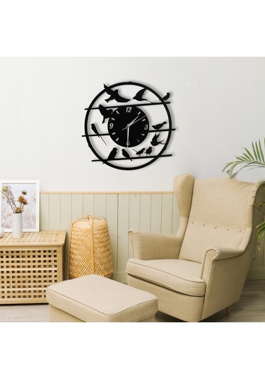 Kuş Figürlü Duvar Saati - 40 Cm Siyah Renk Sessiz Mekanizma Metal Siyah